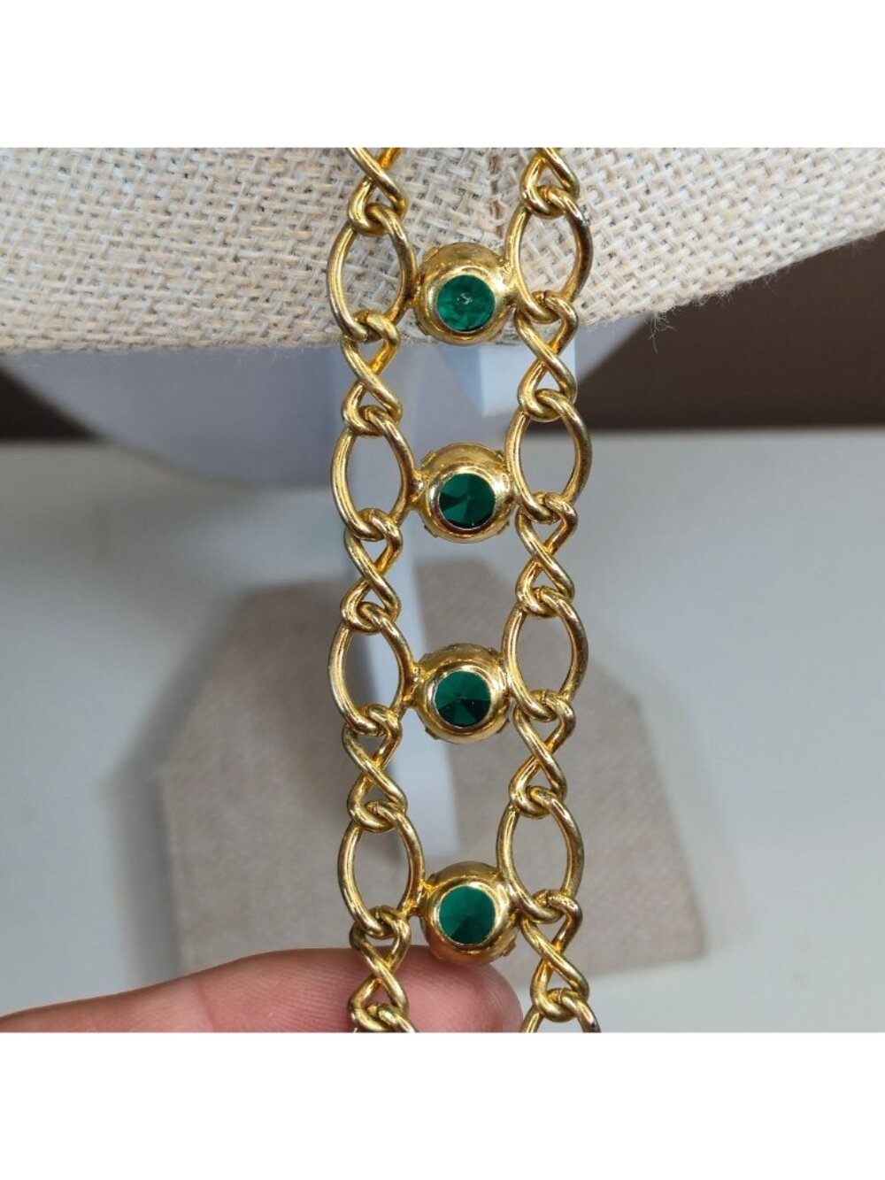 Vintage Art Deco Emerald Green Rhinestone Ladder Drop Pendant Necklace Gold Tone - Picture 14 of 16